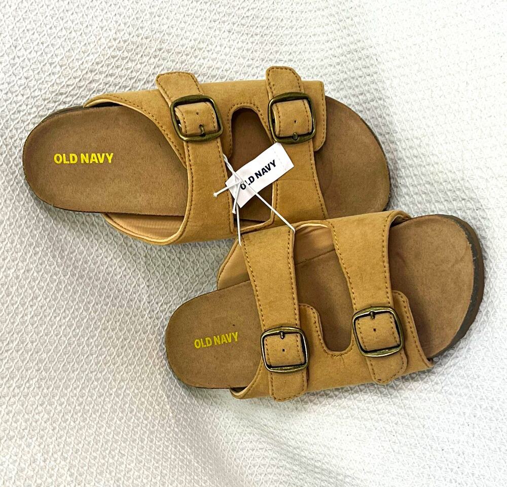 Old Navy Unisex Youth 4 Tan Double Buckle Slide Sandals NWT Earth Footbed